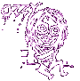 A pixelated character with large eyes and a wide grin appears in multiple poses against a gray background, each frame showing slight variations in stance.