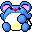 Pixelated cartoon animal with rounded ears, white belly, and changing color scheme