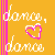 A 50x50 pixel animated buddy icon with a yellow background, pink vertical stripes on the left and right edges, white text reading "dance," a pink heart symbol, and additional text stating "we're falling apart to half time."