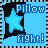 Pixelated icon with blue background, stylized 'Pillow Fight!' text, and abstract shapes in dark and light blue tones.