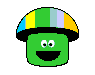 Green mushroom-shaped avatar with multicolored cap displays multiple facial expressions across frames.