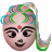 Pixelated face with pink skin tone, black eyebrows, large black eyes, red bindi on forehead, green and blue hair with a ponytail, and a smiling mouth.