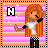 Pixel art of a character with long orange hair, white shirt, black sleeves, and black-and-white checkered pants, standing against a pink-and-orange striped background with white stars and a black 'N' symbol.