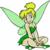 Pixelated cartoon fairy with yellow hair in a bun, green wings, and green outfit sitting cross-legged next to text reading "Tinker Bell!" on white background.