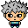 Pixel art character with spiky gray hair, peach cheeks, and a teal-and-blue outfit in three poses: open eyes, closed eyes, and side view.