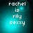 Pixelated text 'rachel is rly sexxy' on a teal gradient background with subtle light effects.