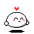 A 4x3 contact sheet of pixel art frames showing a white round character with red blush, black eyes, and small ears performing subtle facial expression changes while holding a red heart above its head against a gray background.
