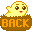 Two pixel-art frames of a yellow cartoon character peeking from brown soil with the word "BACK" in orange text, showing slight pose differences between frames.