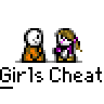Animated contact sheet of 16 pixel art frames showing two cartoon characters in various poses with speech bubbles and repeated text "Girls Cheat" below each frame on a gray background.