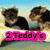 Two small dogs with brown and black fur sit on a light-colored surface under a blue sky, one dog's head moves slightly left to right across frames.