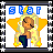 Pixel art of a figure with long blonde hair and orange skin, wearing dark blue pants, standing inside a yellow star shape with 'star' text above.