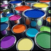 Multiple metallic paint cans filled with vibrant colors including blue, red, yellow, green, purple, orange, and pink arranged in a dense cluster.