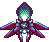 Pixel art of a humanoid figure with glowing green eyes and chest, wearing a purple hooded cloak over red armor with blue accents.