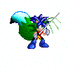 Pixelated character with blue hair and green tail holding a sword, shown in four sequential poses with tail and sword position changes.