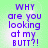 Pixelated purple text on light green background reads "WHY are you looking at my BUTT?!" in four identical