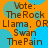 Static image with orange background and blue circular shapes, displaying text about voting for 'The Rock', 'Llama', 'Swan', or 'The Pain' in brown pixelated font.