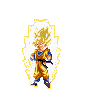 Pixelated character in orange gi with blue undershirt and black belt, surrounded by yellow-white aura, standing against gray background.