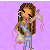 Pixel art character with long brown hair and hoop earrings holds a pink fabric item, standing against purple background with text below.