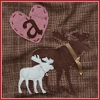 A static icon shows a white moose standing beside a brown moose with a golden collar, under a pink heart containing a dark brown 'a' on a brown checkered background.