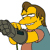 Pixelated character with yellow skin, brown hair, and a blue shirt holding a large dark gray object with a green stem.