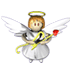 Pixelated angel figure with orange hair, white wings, and yellow halo holding red rose-like object; left wing is larger than right wing.