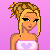 Pixel art contact sheet showing a female character in pink and white attire across four frames with text "pretty in pink" on the right side.