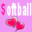 A 45x45 pixel animated contact sheet showing eight frames of a softball-themed buddy icon with pink background, repeating "Softball" text, and heart symbols.