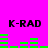 Bright pink background with black 'K-RAD' text and green horizontal bars in two , animated to shift positions