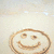 A circular brown-outlined smiley face with closed eyes and a wide grin on a light background.