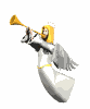 Animated angel figure with golden halo and trumpet, wearing white robe with gold trim, gray wings in motion against plain background.