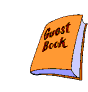 Animated sequence of a guest book icon showing book cover, open pages, and pen placement changes across frames.