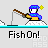 Pixelated character in blue and yellow outfit holding fishing rod, with 'Fish On!' text below; green fish appears on line at one point.