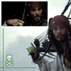 Animated sequence showing a character in a brown cap and white jacket holding a green apple, with background variations and a small skull icon in the corner.
