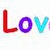 Colorful text 'Love' and a red heart symbol appear in pixelated style with distinct letter colors on white background.