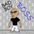 Pixelated character with light brown hair, black shirt, white pants, and dark sunglasses, standing against a gray background with abstract shapes.