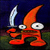 A pixelated orange figure with large white eyes holds a silver sword against a dark blue background, standing on green ground.