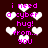 Pixelated text and white hearts on dark background with pink lettering reading 'i need a cyber hug! from... you' in multiple repeated arrangements.