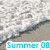 Pixelated beach scene with waves crashing on shore and light blue text reading 'Summer 08' at the bottom.
