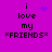 Purple background with black text reading "i love my 'FRIENDS'" and animated blue pixel symbols changing between heart, starburst, and dots.