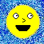 Six yellow circular faces with white eyes, black pupils, and open mouths on a blue pixelated background.