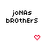 Pixelated text 'jonAs brothers' in black with red heart symbols below, showing animation where the right heart changes from solid to outline.