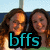 Two people with long brown hair stand close together against a light blue background, with large cyan text reading 'bffs' overlaid at the bottom.