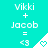 A turquoise background displays three identical with text 'Vikki + Jacob = <3' and a white triangular shape containing a heart symbol