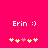 A bright pink background displays the name 'Erin :)' in white pixelated text above a of five yellow and one red heart-shaped icons