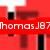 Red background with black vertical bars and white horizontal lines; a red banner displays 'ThomasJ87', a speech bubble reads 'is in the', and a black square shows 'TT' in red.