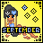 A 4-frame animated contact sheet showing a pixel art character with blonde hair and blue eyes sitting on a yellow background, wearing a blue top and black shorts, with the word "SEPTEMBER" displayed below her in blocky text.