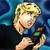 Pixelated image of a character with blonde hair, blue shirt, and green accents holding a device against a blue background.