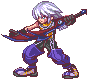 Pixel art character with white hair and blue eyes, wearing purple pants and a red cape, holding a dark sword-like object in a dynamic pose against gray background.