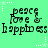 Green background with repeated text 'peace love & happiness' and white star outlines in a pattern