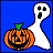 Pixelated Halloween icon featuring a carved orange pumpkin with green stem and white ghost on solid blue background.
